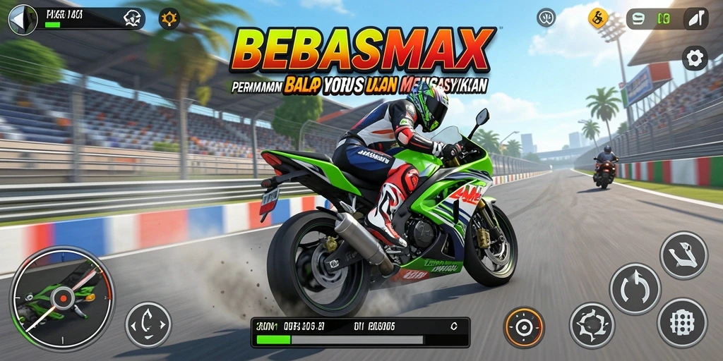 Screenshot BEBASMAX yang menunjukkan aksi balapan yang mendebarkan.