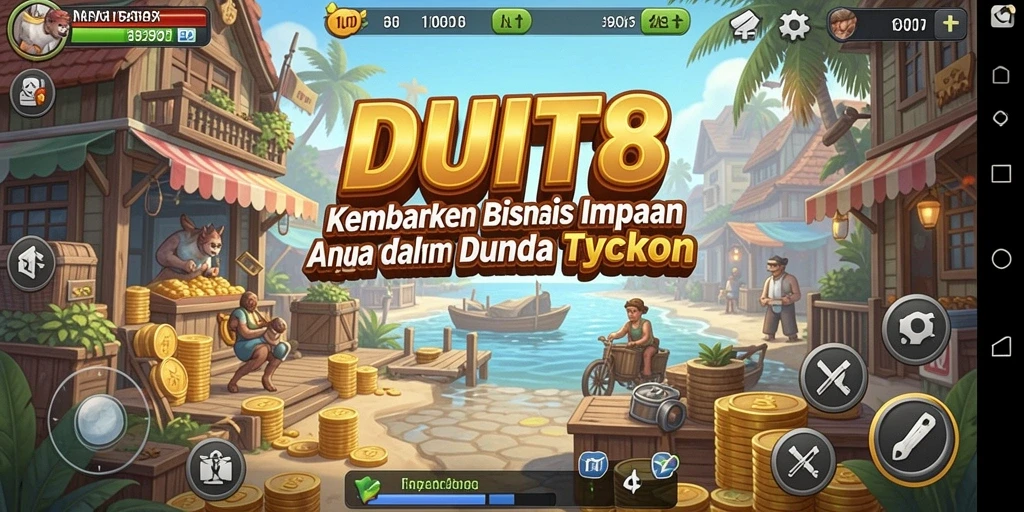 Tampilan gameplay DUIT8 yang menampilkan peluang bisnis dan strategi manajerial.