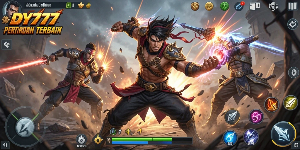 Screenshot gameplay DY777 menampilkan aksi pertarungan intens dan karakter yang dinamis.