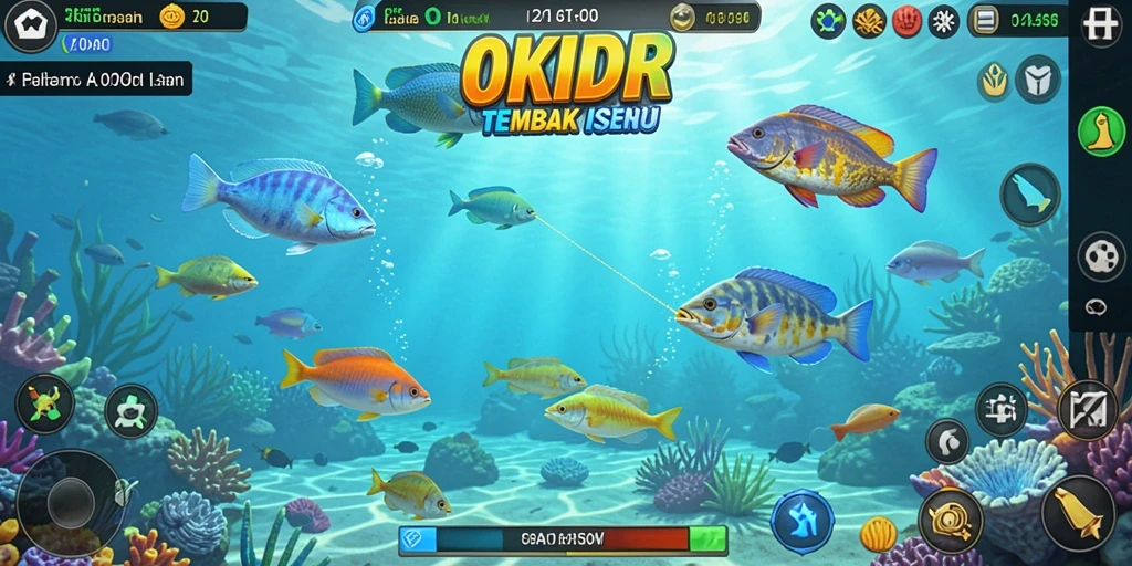 Tangkapan layar utama OKIDR menampilkan aksi menembak ikan yang seru.