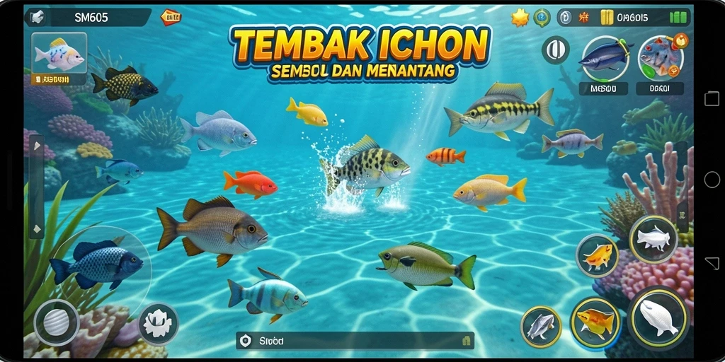 Tampilan gameplay seru menembak ikan di SM605.