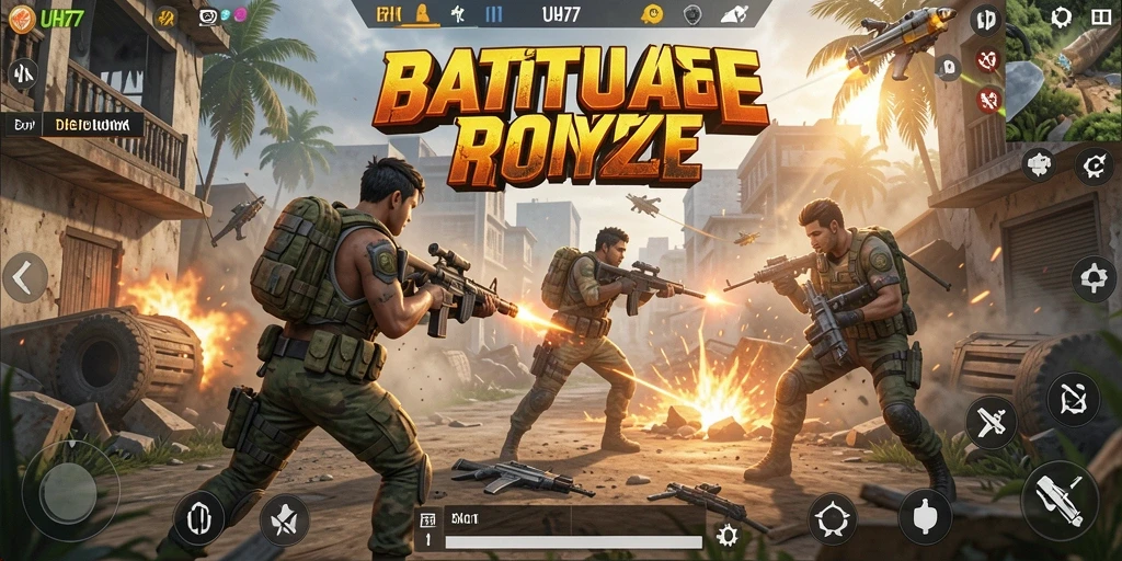 Screenshot UH77 menampilkan aksi seru dalam mode Battle Royale.