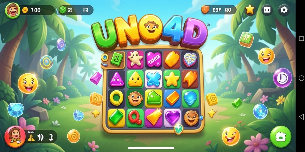 Screenshot utama gameplay menarik dari UNO4D dengan elemen Match-3.