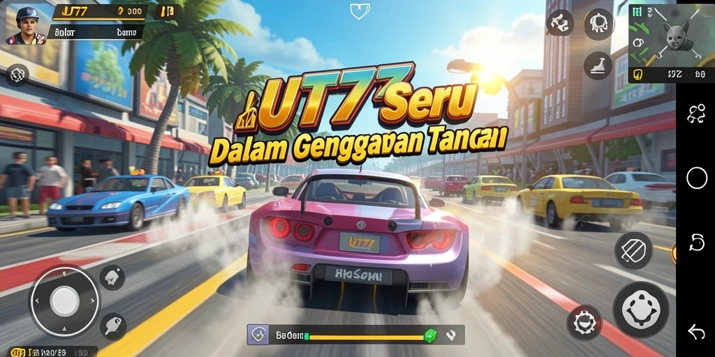 Screenshot UT77 menampilkan balapan seru dengan mobil cepat di lintasan menantang.