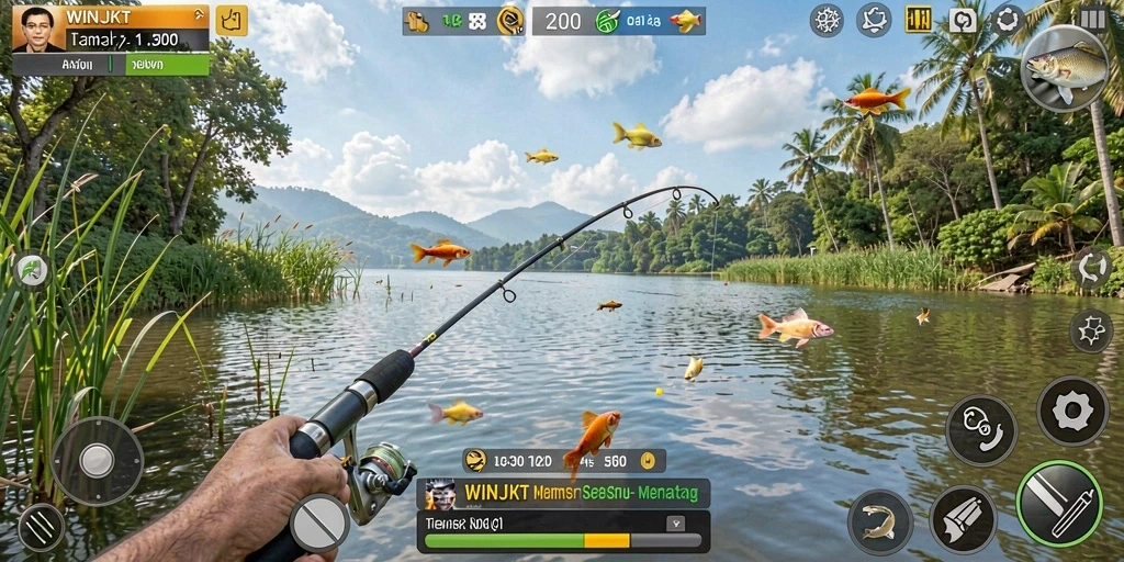 Tampilan gameplay seru dalam WINJKT yang menggambarkan aksi memancing.